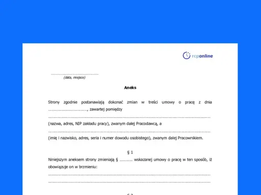 Aneks do umowy o pracę, wprowadzający zmiany w stanowisku pracy. Dokument zawiera dane stron i szczegóły modyfikacji.
