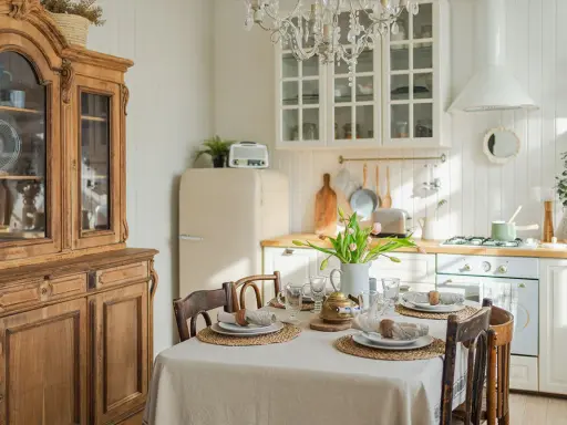 Table dressée pour un repas, avec un buffet ancien et une cuisine lumineuse, évoquant une ambiance de spécialité provençale.