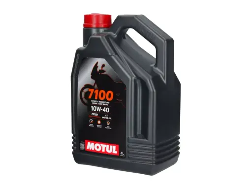 Czarny kanister z czerwonym korkiem, zawierający olej Motul 7100 10W-40.