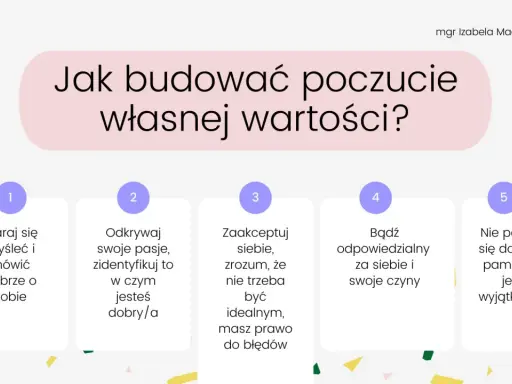 Jak budować poczucie własnej wartości? 5 kroków: myśl dobrze o sobie, odkrywaj pasje, akceptuj siebie, bądź odpowiedzialny, nie porównuj się.