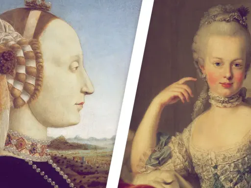 Zwei Porträts von Frauen, eine im mittelalterlichen Stil mit aufwendiger Frisur und Schmuck, die andere im Rokoko-Stil mit zarter Haut und üppiger Kleidung.