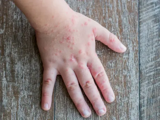Mani di bambini con eruzioni cutanee rosse, simili a quelle che a volte compaiono su bocca e piedi.