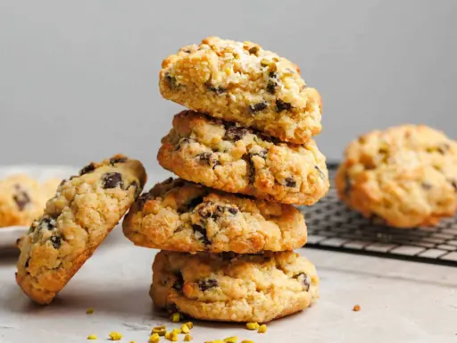 Stapel von leckeren, hausgemachten veganen Keksen mit Schokoladenstückchen und Pistazien. Ein Keks liegt daneben, ein weiterer auf einem Gitter.