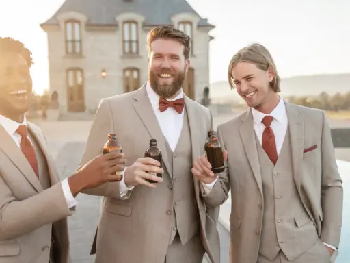 Groomsmen in tan suits with rust ties and bowties toast with beers. A great color suit for wedding celebrations.