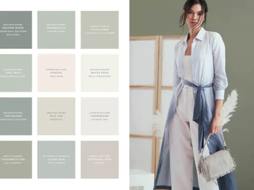 Tavolozza di colori per interni, con tonalità che vanno dal verde salvia al beige chiaro, come il "Pale Oak". Una modella indossa abiti in lino color crema.