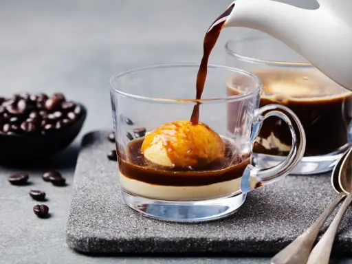 Heißer Espresso fließt über eine Kugel Vanilleeis in einem Glas. Ein köstlicher Affogato al caffè, bereit zum Genießen.