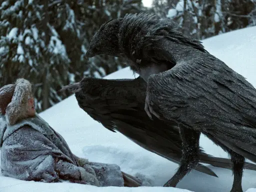 En fryst Ronja, en av de nya Ronja skådespelare, möter en stor fågel i snön.