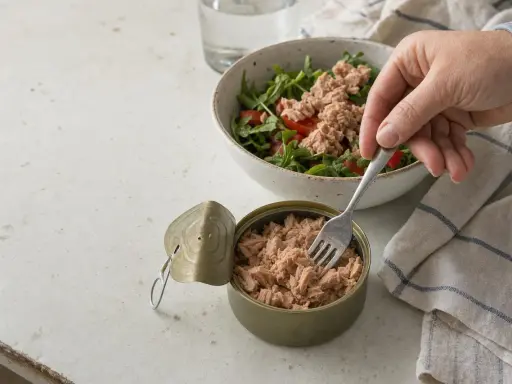 Una mano prende il tonno da una scatoletta aperta per aggiungerlo a un'insalata. Quanto tonno mangiare? Una porzione sana per un pasto leggero.