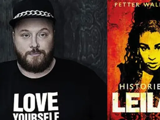 Man med keps och t-shirt med texten "LOVE YOURSELF" bredvid bokomslaget "Historien om Leila K".