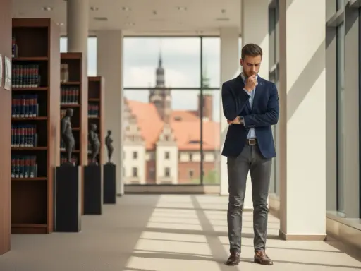 Młody mężczyzna w garniturze rozmyśla w bibliotece, gdzie panuje atmosfera sprzyjająca studiom prawniczym.