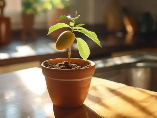 Jeune plant de manguier en pot, avec un petit fruit encore attaché au noyau de mangue, baigné de lumière.