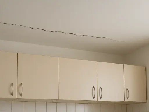 Pęknięcie na suficie nad szafkami kuchennymi.
