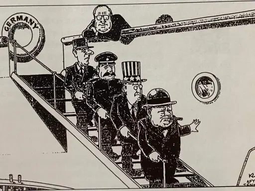 Karikatur: "Der Lotse geht von Bord" – Stalin, Churchill & Co. steigen aus Deutschland aus. Ein Mann mit Brille blickt von oben herab.