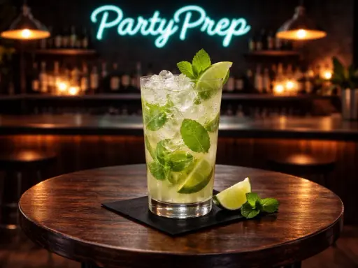 En uppfriskande mojito med vit rom, mynta och lime på ett runt träbord. Bakom skymtar en bar med neonskylten "Party Prep".