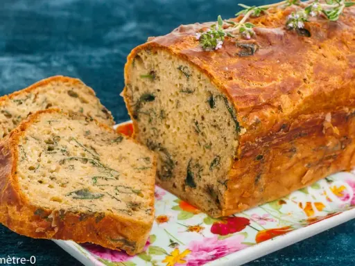 Un cake aux orties doré, garni de thym frais, est coupé en tranches sur un plat fleuri.
