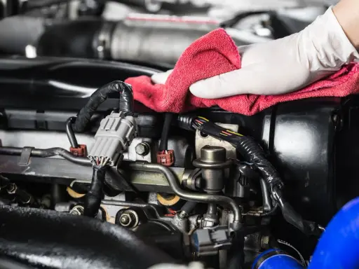 Mano enguantada realiza limpieza de piezas mecánicas de motor con paño rojo.
