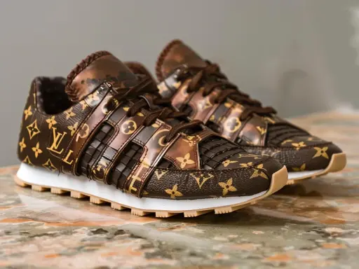 Brązowe buty sportowe Louis Vuitton z monogramem na marmurowym tle.