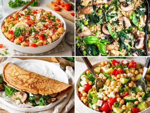 Vier leckere, einfache gesunde gerichte: Couscous-Salat, Orzo-Pfanne mit Pilzen, gefüllter Crêpe und Kichererbsen-Salat.