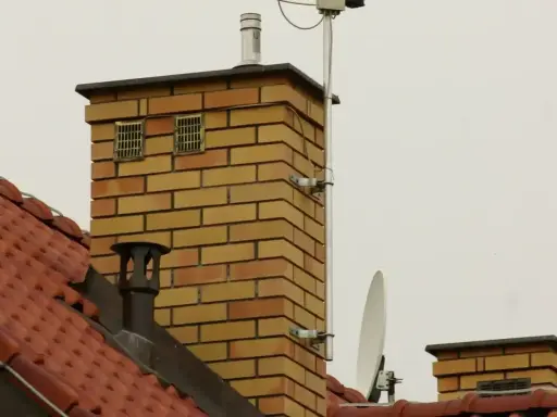Dwa kratkowane otwory wentylacyjne na ceglanym kominie, zapewniające prawidłowe odpowietrzenie pionu sanitarnego zgodnie z normą.
