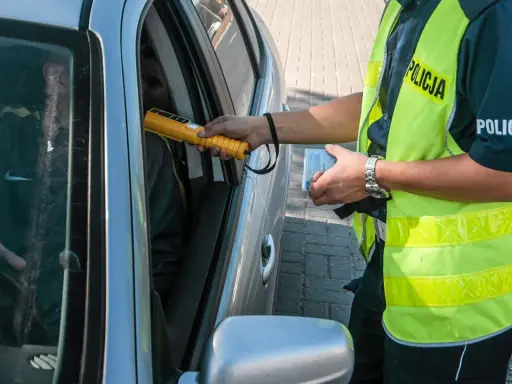 Policjant bada kierowcę alkomatem, sprawdzając, czy nie ma **alkoholu w organizmie**. Kierowca siedzi za kierownicą, a funkcjonariusz trzyma urządzenie przy jego twarzy.