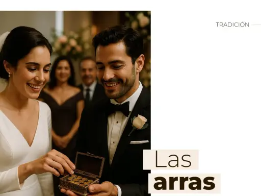 Novios sonríen mientras intercambian las arras en una boda mexicana.