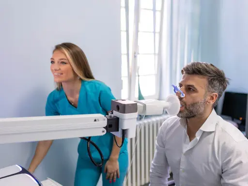 Mann macht Lungenfunktionstest, Arztin überwacht. Ergebnisse zeigen 70 Prozent Lungenfunktion.