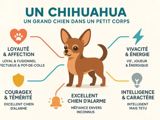 Un adorable chien chihuahua, loyal, vif et intelligent, est représenté avec ses qualités : affection, énergie, courage, alarme et caractère.