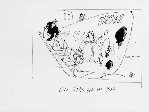 Karikatur: Ein Mann steigt eine Leiter hinab, während ein Schiff mit der Aufschrift "UdSSR" und Löchern im Rumpf sinkt. Der Lotse geht von Bord.