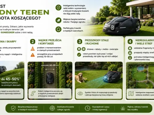 Robot koszący na trudny teren radzi sobie ze skarpami, wąskimi przejściami, przeszkodami i nieregularnymi ogrodami.