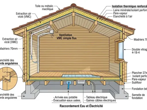 Coupe d'un plan chalet en bois montrant l'isolation, la ventilation VMC, les raccords étanches et les raccordements eau/électricité.