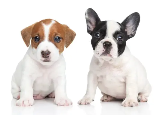 Dwa urocze szczenięta, jeden Jack Russell Terrier, drugi buldożek francuski, siedzą obok siebie. Czy to suczka czy pies? Trudno powiedzieć, ale oba są słodkie!