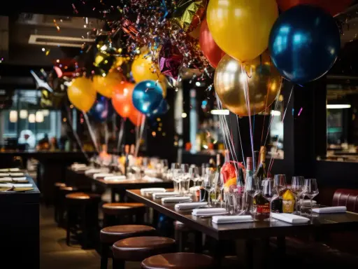 Balony i konfetti ozdabiają stoliki w lokalu, gotowe na 40. urodziny. Zastanawiasz się, ile dać na 40 urodziny w lokalu?