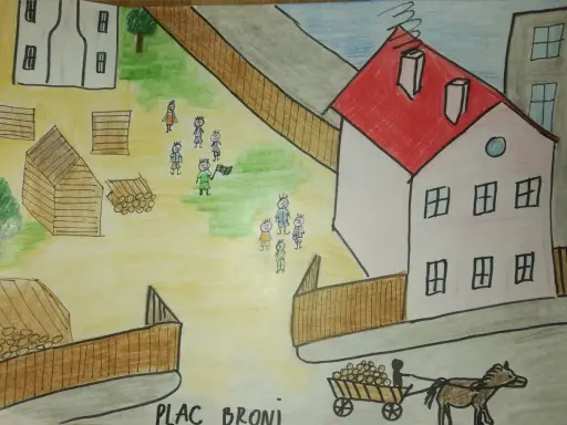 Dzieci z placu broni, jak w lekturze, bawią się w grupkach. Na pierwszym planie wóz z ładunkiem ciągnięty przez konia.