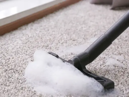 Odkurzacz z pianą na puszystym dywanie. Dowiedz się, jak prać dywan shaggy, by był jak nowy.