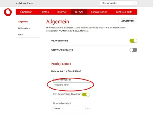 Hier siehst du, wo du den Netzwerknamen (SSID) für dein Heim-WLAN findest: "Vodafone-714D".