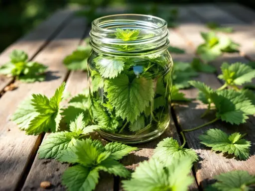 Un bocal rempli de feuilles d'ortie, prêt à devenir du purin d'ortie, est posé sur une table en bois.