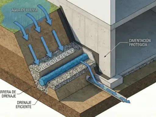 Sistema de drenaje de muros que intercepta el agua de lluvia y la dirige lejos de la cimentación protegida, asegurando un drenaje eficiente.