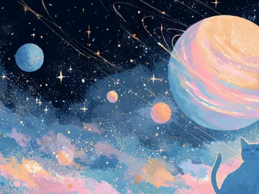 Niebieski kot obserwuje Jowisza w Koziorożcu, otoczonego pierścieniami i innymi planetami w pastelowej przestrzeni kosmicznej.