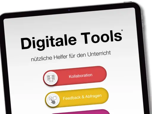 Digitale Tools für den Unterricht: Kollaboration und Feedback & Abfragen werden auf einem Tablet angezeigt.