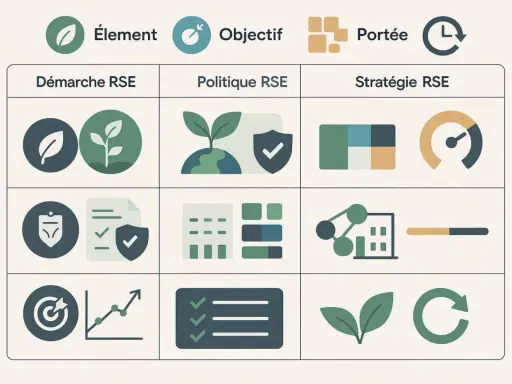 Tableau illustrant les éléments, objectifs et portée de la démarche, politique et stratégie RSE. La pérennité def est symbolisée par des icônes de croissance et de cycle.