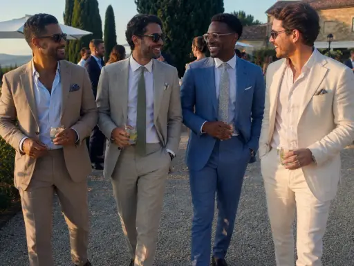 Four stylish men in suits and chinos walk together at a wedding, holding drinks and smiling.