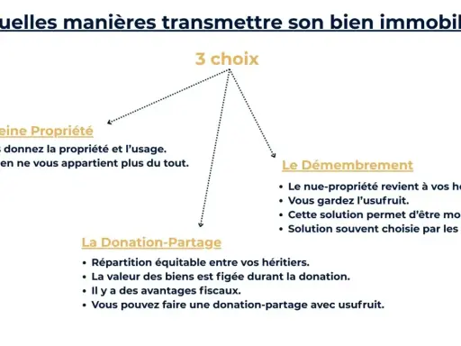 Schéma présentant 3 options pour transmettre un bien immobilier : pleine propriété, donation-partage et démembrement. Le démembrement permet de garder l'usufruit.