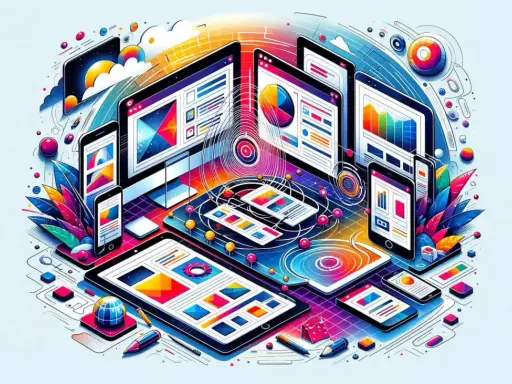 Kolorowa wizualizacja urządzeń (komputery, tablety, telefony) z elementami interfejsu, symbolizująca **adaptive web design**.
