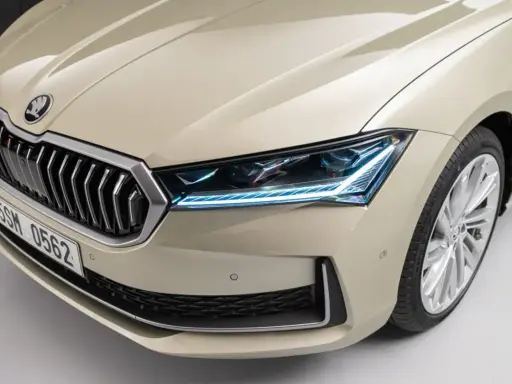 Nowy Skoda Superb 2024 w beżowym kolorze, z charakterystycznym grillem i nowoczesnymi światłami LED.
