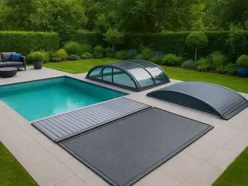 En modern pool med olika poolskydd. Isolering under poolen hjälper till att hålla värmen.