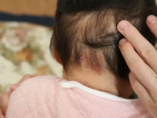 Dita accarezzano la nuca di un neonato, dove si notano delle piccole macchie rosse, quasi un "morso della cicogna" che porta con sé storie di nascita.