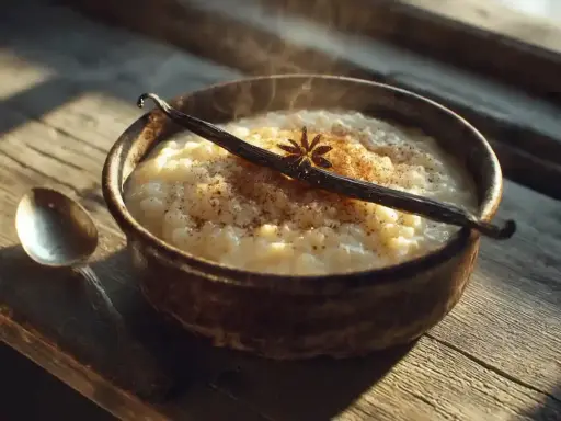 Un bol fumant de riz au lait, garni d'une gousse de vanille et d'anis étoilé. Parfait pour des recettes de riz au lait réconfortantes.