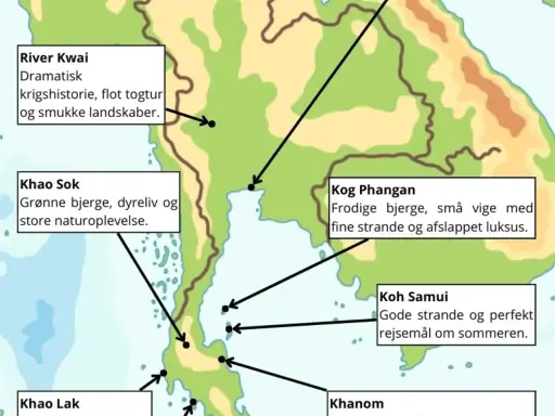 Karta över Thailand med platser som Khao Lak, Khao Sok, River Kwai, Koh Phangan och Koh Samui.