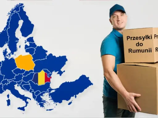 Kurier z paczkami do Rumunii. Mapa Europy z zaznaczoną Rumunią i Polską.