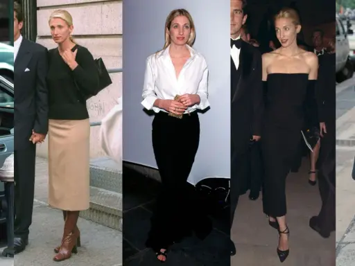 Carolyn Bessette-Kennedy i olika outfits: blommig klänning, svart tröja med beige kjol, vit skjorta med svart kjol, svart klänning och en rock med jeans.